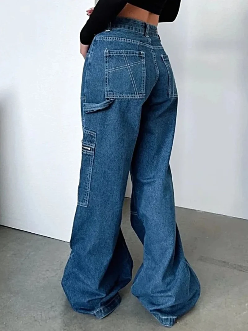 Stijlvolle cargo jeans met wijde pijpen en ritszakken – 85% katoen, 15% polyester