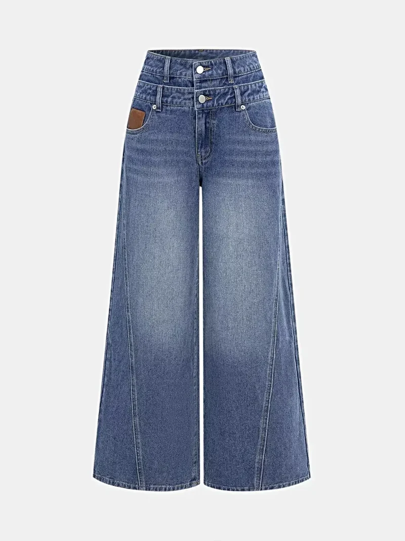 Luxe jeans met hoge taille, zakken en wijde pijpen - Klassieke katoenmix
