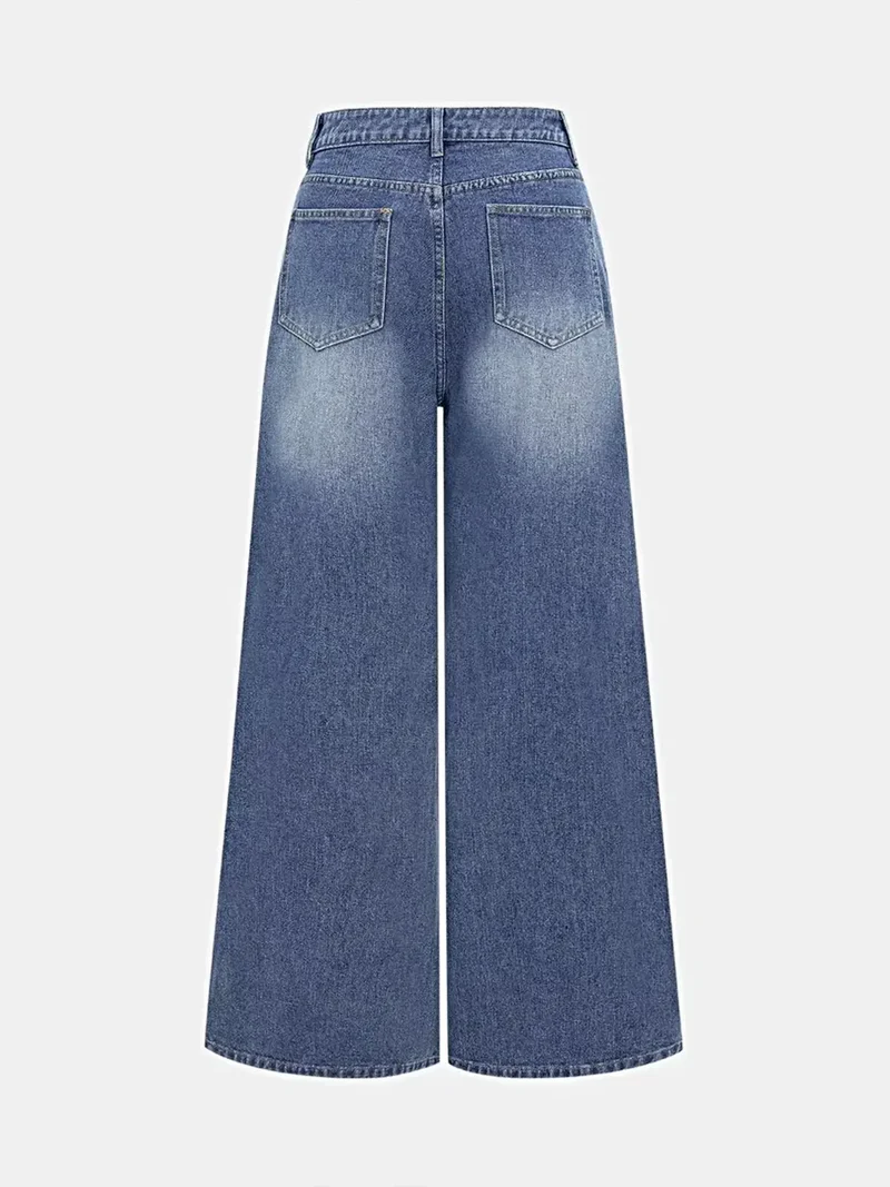 Luxe jeans met hoge taille, zakken en wijde pijpen - Klassieke katoenmix
