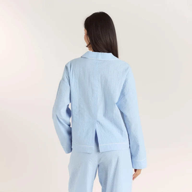 Textured Cotton Pyjama Shirt - Blauw