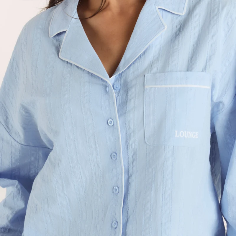 Textured Cotton Pyjama Shirt - Blauw