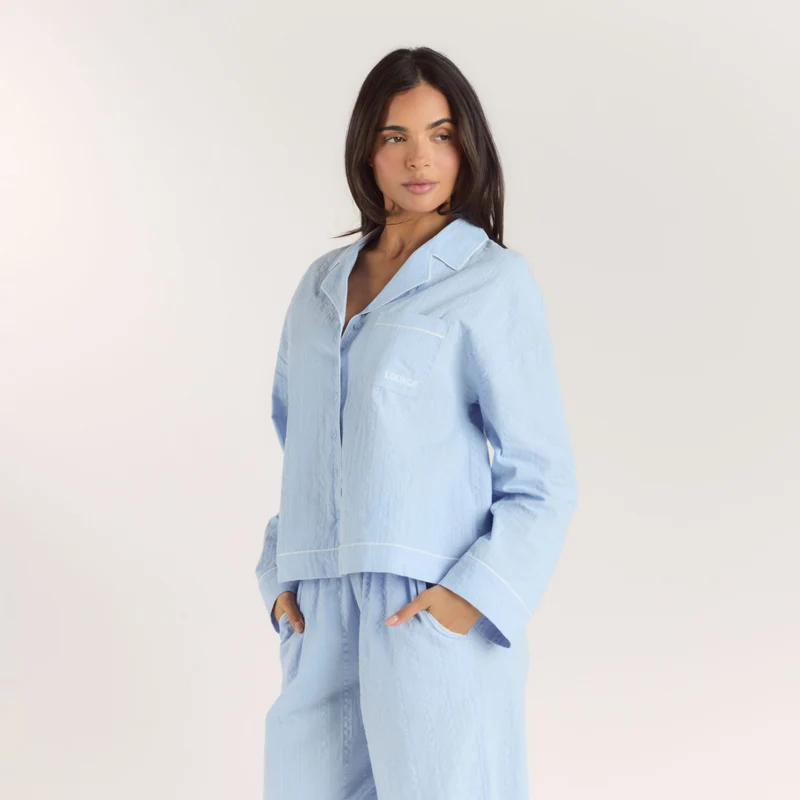 Textured Cotton Pyjama Shirt - Blauw