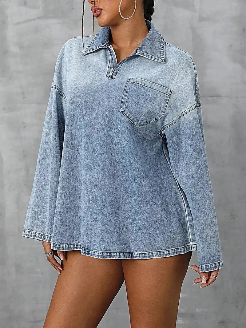 Luxe denim top met verlaagde schouders en zakken - Klassieke katoenmix