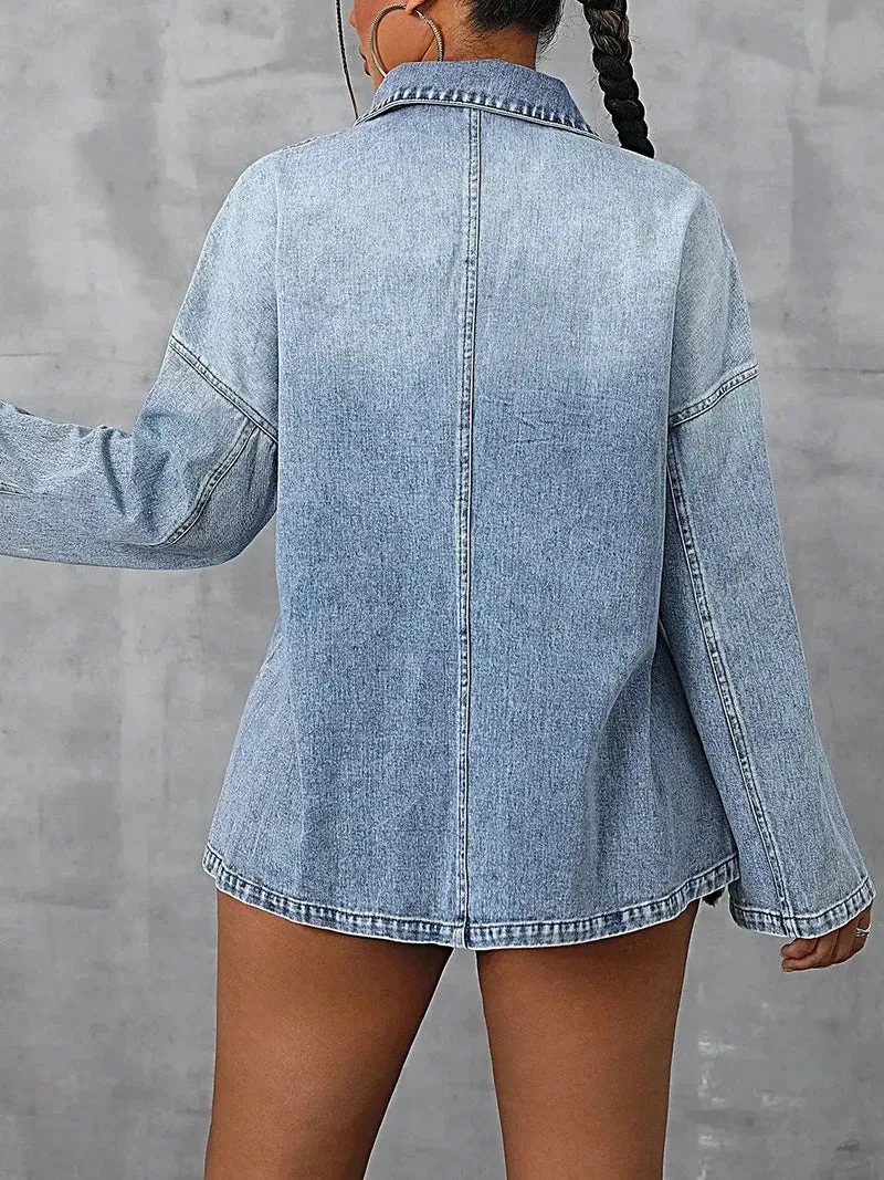 Luxe denim top met verlaagde schouders en zakken - Klassieke katoenmix