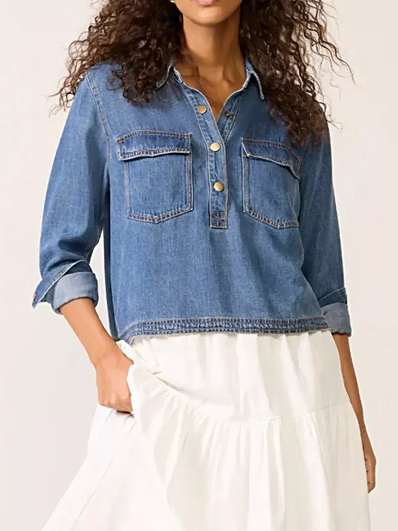 Stijlvolle cropped denim top met knoopdetails en zakken – Trendsi