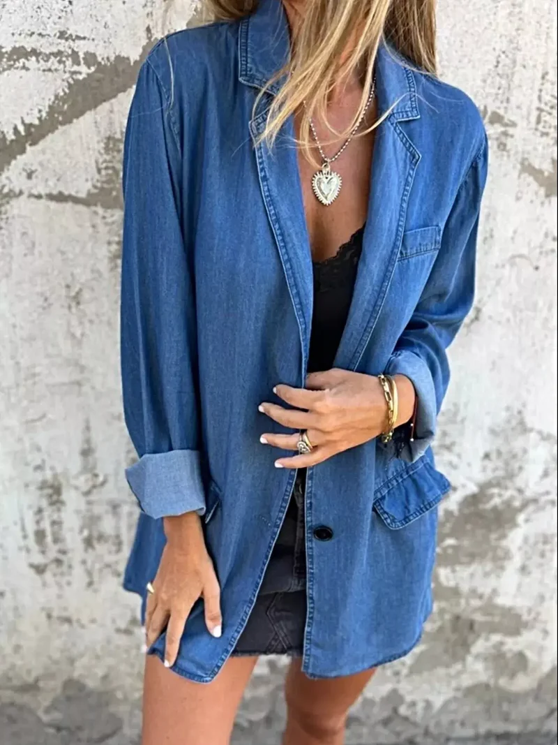Oversized blazer voor dames, plus size - Denim jas met volledige knoopsluiting en zakken
