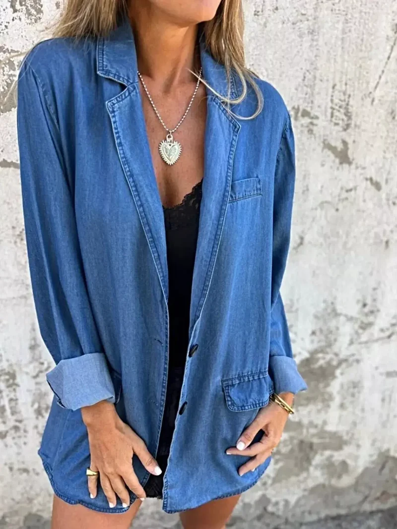 Oversized blazer voor dames, plus size - Denim jas met volledige knoopsluiting en zakken
