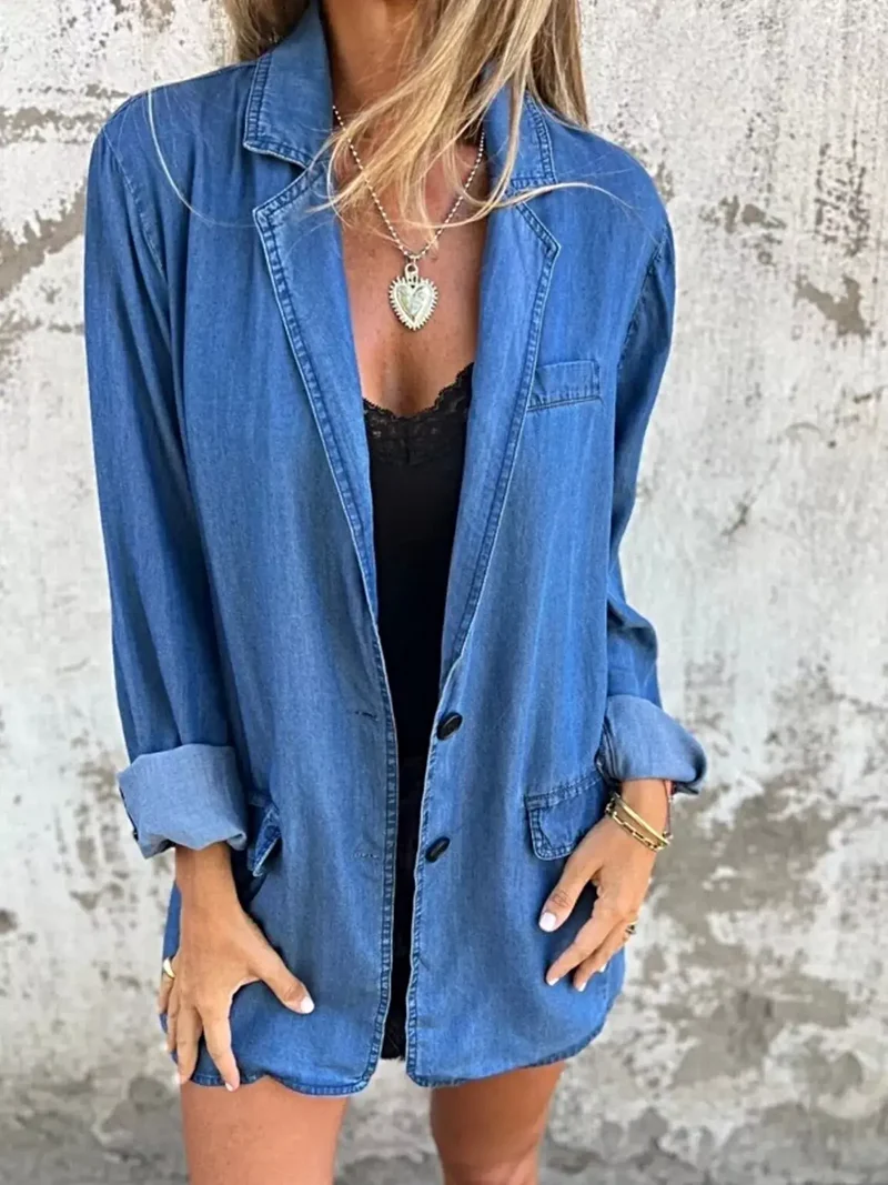 Oversized blazer voor dames, plus size - Denim jas met volledige knoopsluiting en zakken