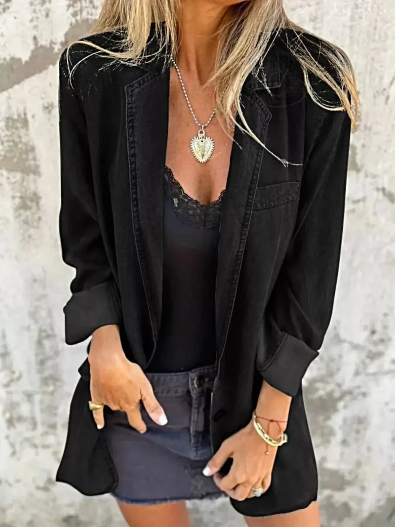 Oversized blazer voor dames, plus size - Denim jas met volledige knoopsluiting en zakken