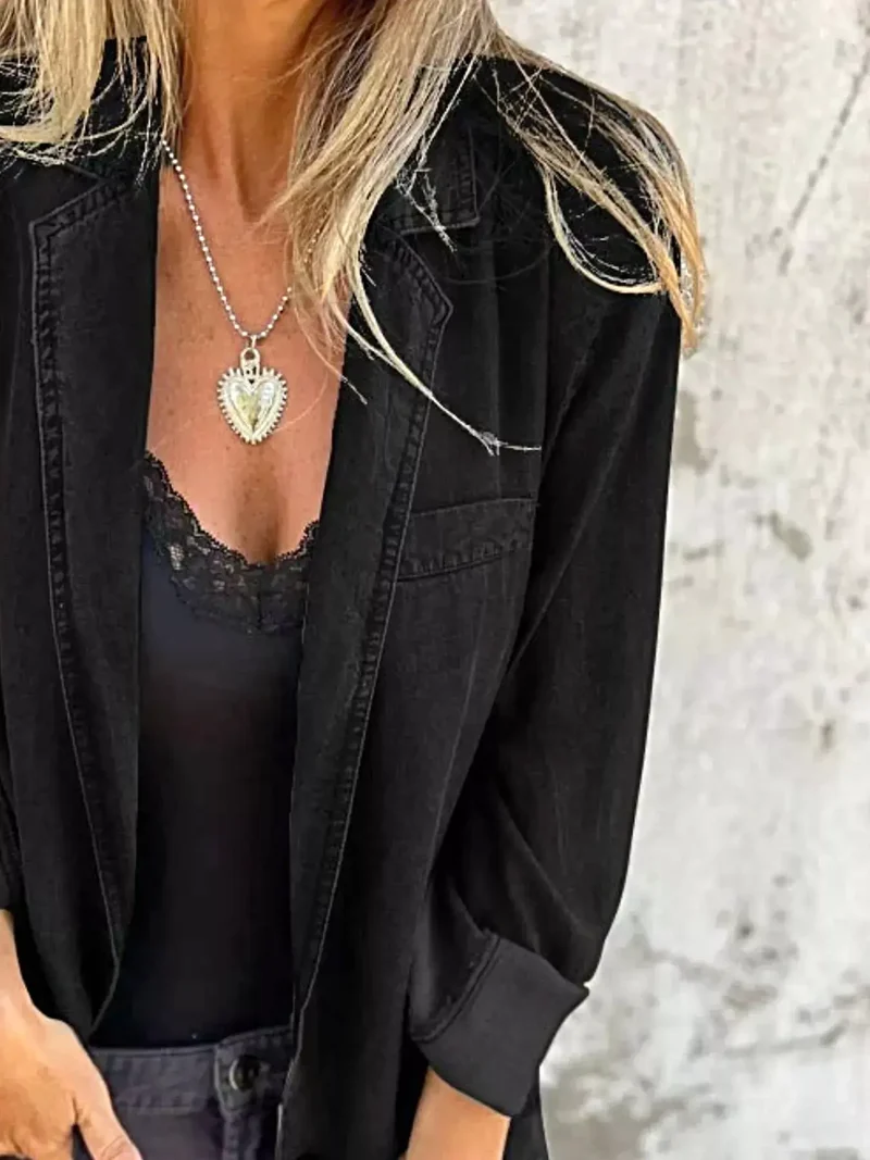 Oversized blazer voor dames, plus size - Denim jas met volledige knoopsluiting en zakken