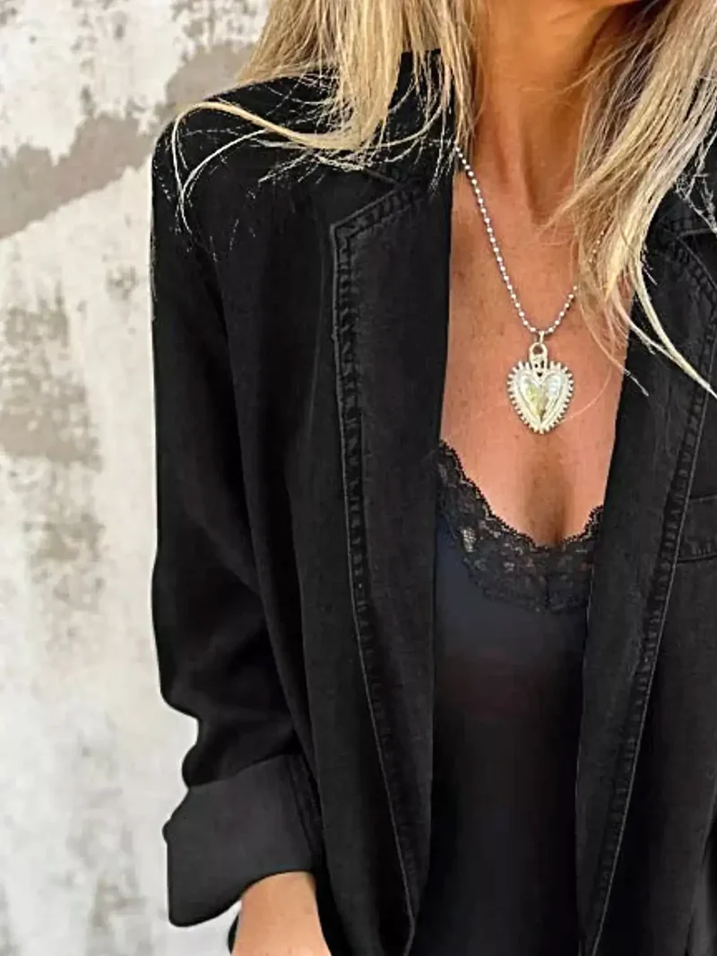 Oversized blazer voor dames, plus size - Denim jas met volledige knoopsluiting en zakken
