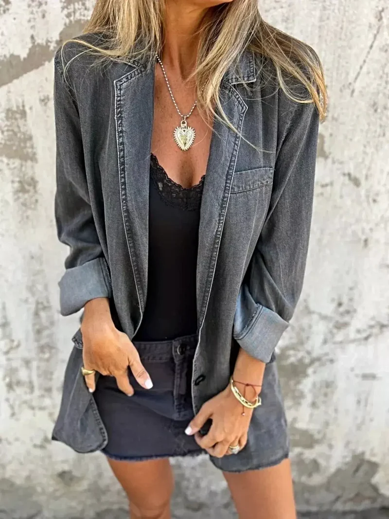 Oversized blazer voor dames, plus size - Denim jas met volledige knoopsluiting en zakken