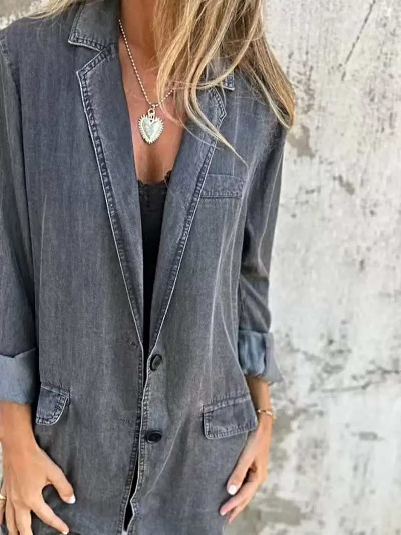 Oversized blazer voor dames, plus size - Denim jas met volledige knoopsluiting en zakken