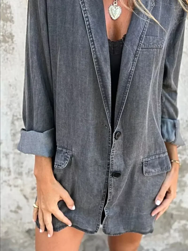 Oversized blazer voor dames, plus size - Denim jas met volledige knoopsluiting en zakken