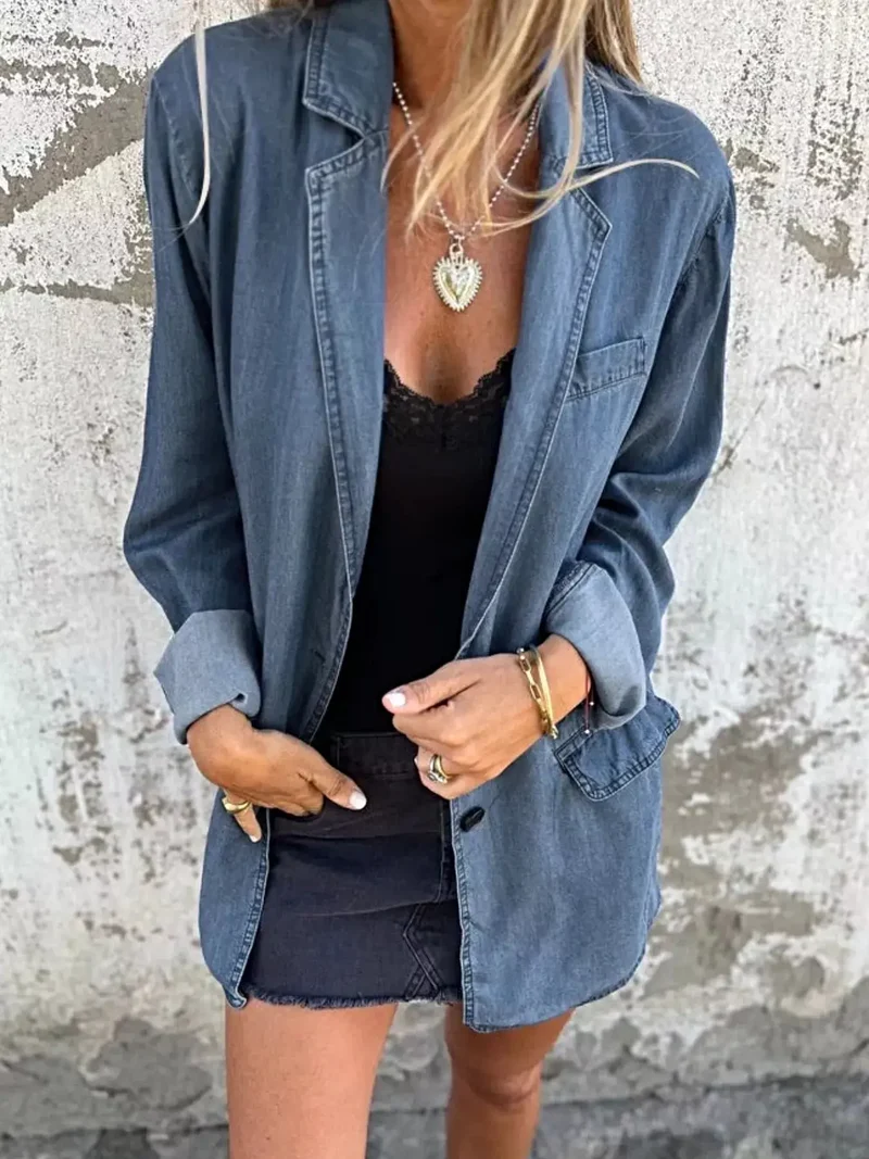 Oversized blazer voor dames, plus size - Denim jas met volledige knoopsluiting en zakken