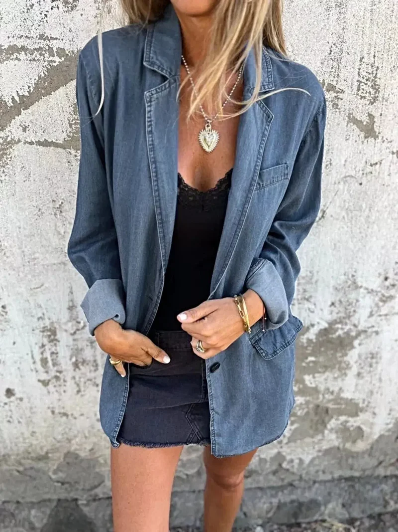Oversized blazer voor dames, plus size - Denim jas met volledige knoopsluiting en zakken