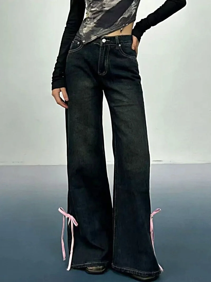 Elegante flared jeans met lintdetails - Met zakken, 85% katoen, niet-elastische stof