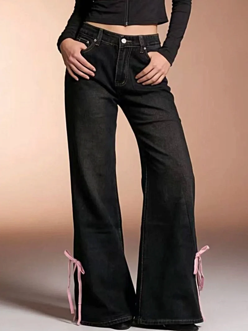 Elegante flared jeans met lintdetails - Met zakken, 85% katoen, niet-elastische stof