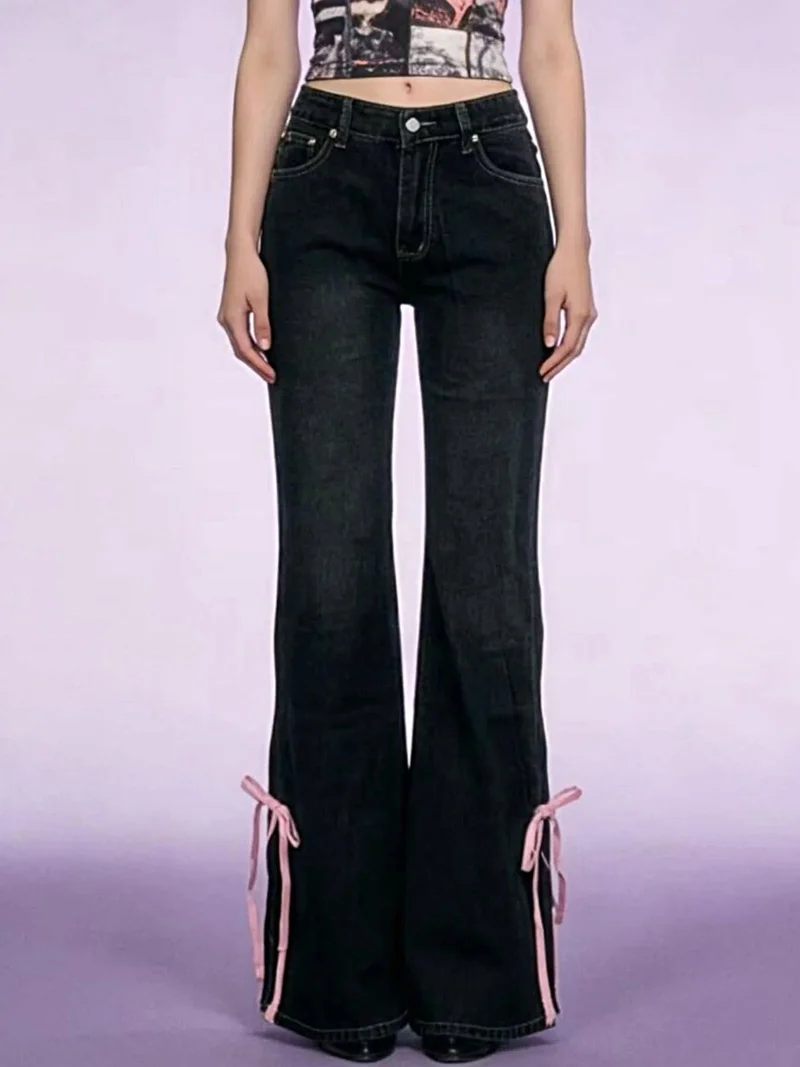Elegante flared jeans met lintdetails - Met zakken, 85% katoen, niet-elastische stof