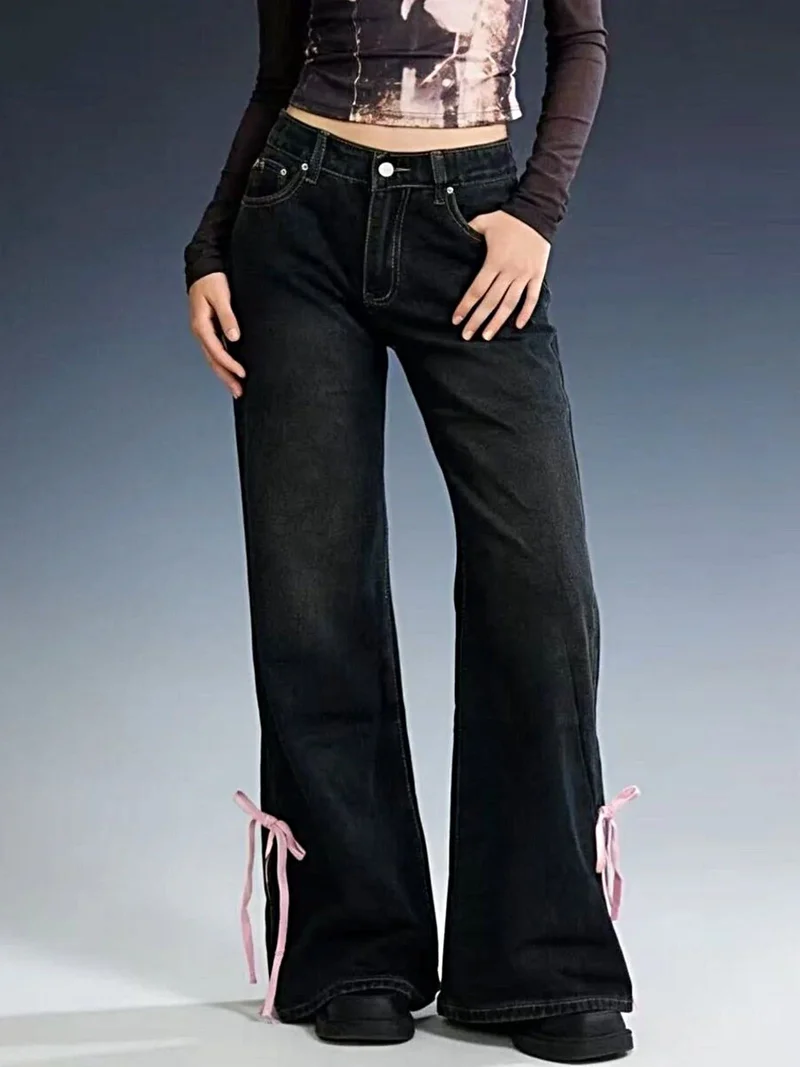 Elegante flared jeans met lintdetails - Met zakken, 85% katoen, niet-elastische stof