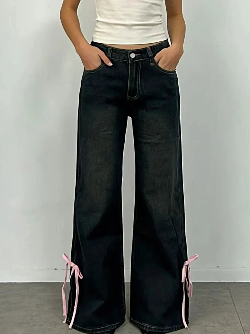 Elegante flared jeans met lintdetails - Met zakken, 85% katoen, niet-elastische stof