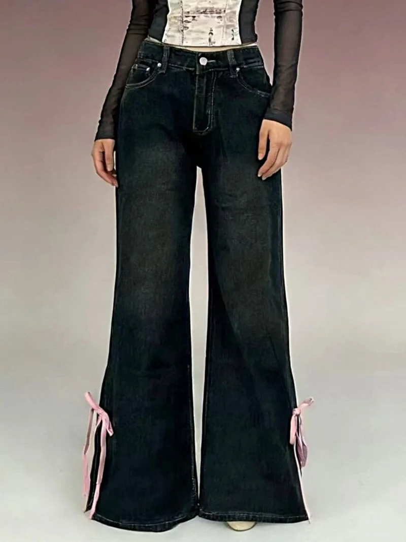 Elegante flared jeans met lintdetails - Met zakken, 85% katoen, niet-elastische stof