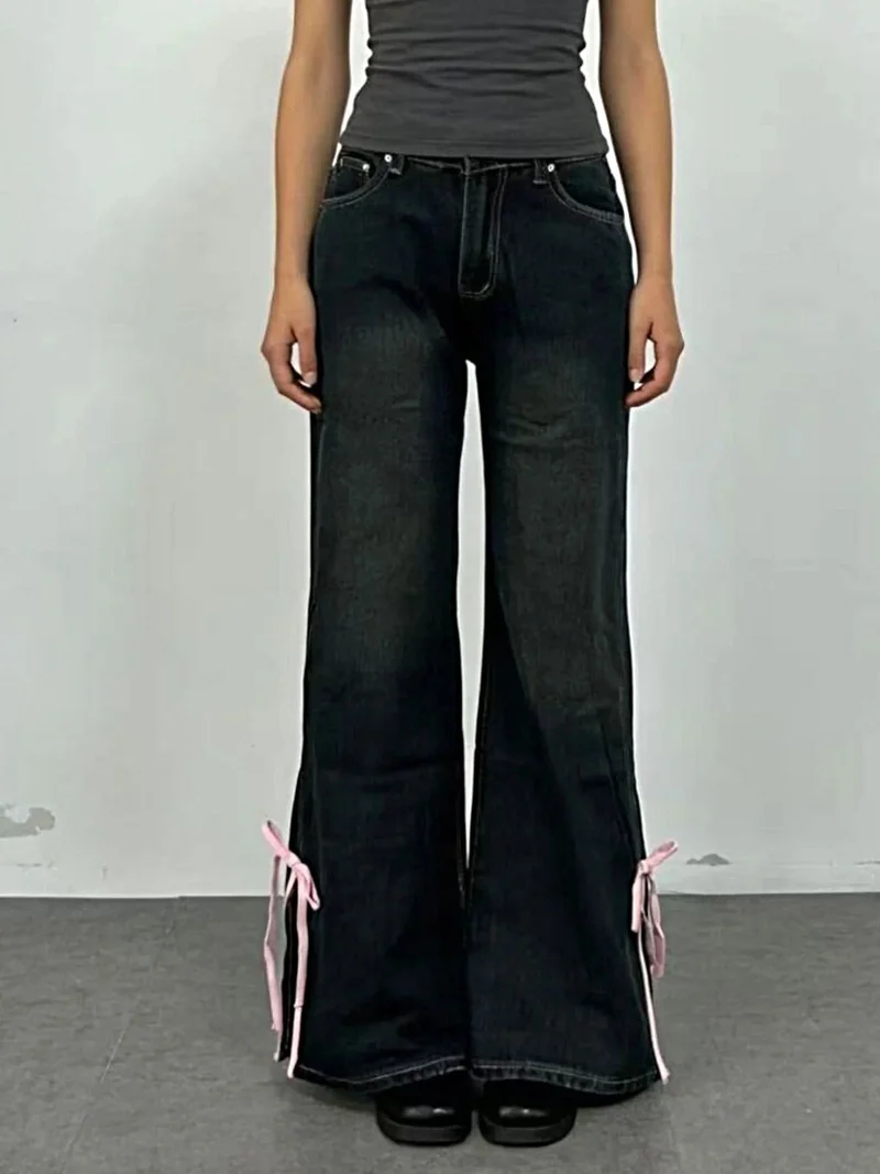 Elegante flared jeans met lintdetails - Met zakken, 85% katoen, niet-elastische stof