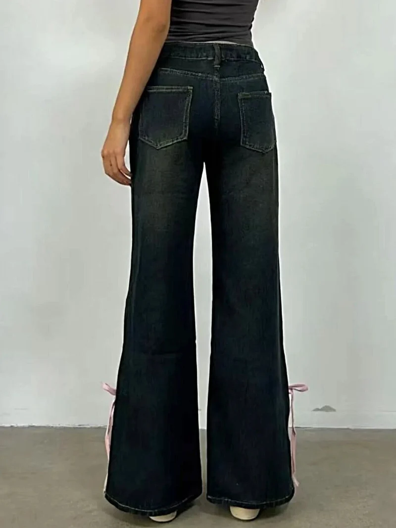 Elegante flared jeans met lintdetails - Met zakken, 85% katoen, niet-elastische stof