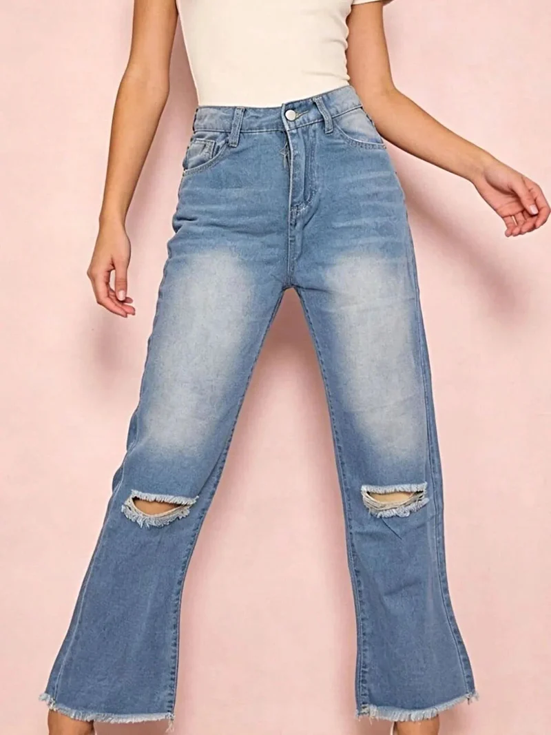 Gescheurde bootcut jeans met rafelige zoom - 85% katoen, geen stretch, stijlvolle pasvorm voor dagelijks gebruik