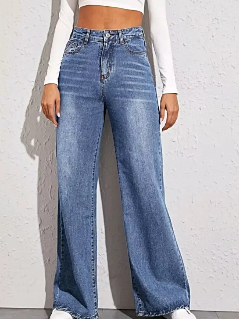 Luxe denim broek met hoge taille en wijde pijpen, klassieke zakken, 85% katoenmix
