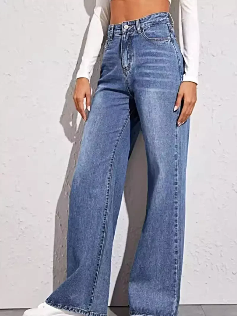 Luxe denim broek met hoge taille en wijde pijpen, klassieke zakken, 85% katoenmix