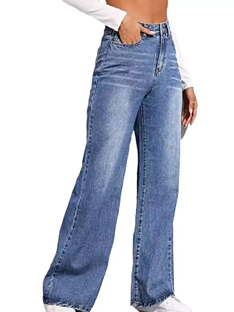 Luxe denim broek met hoge taille en wijde pijpen, klassieke zakken, 85% katoenmix
