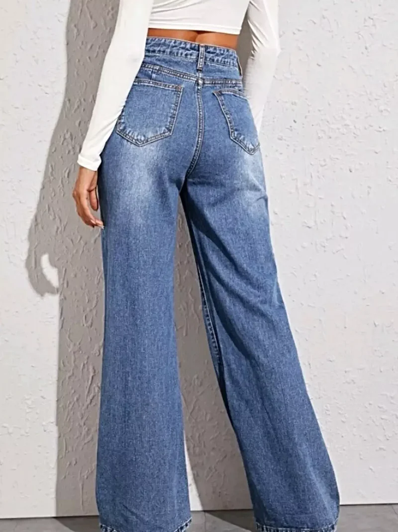 Luxe denim broek met hoge taille en wijde pijpen, klassieke zakken, 85% katoenmix