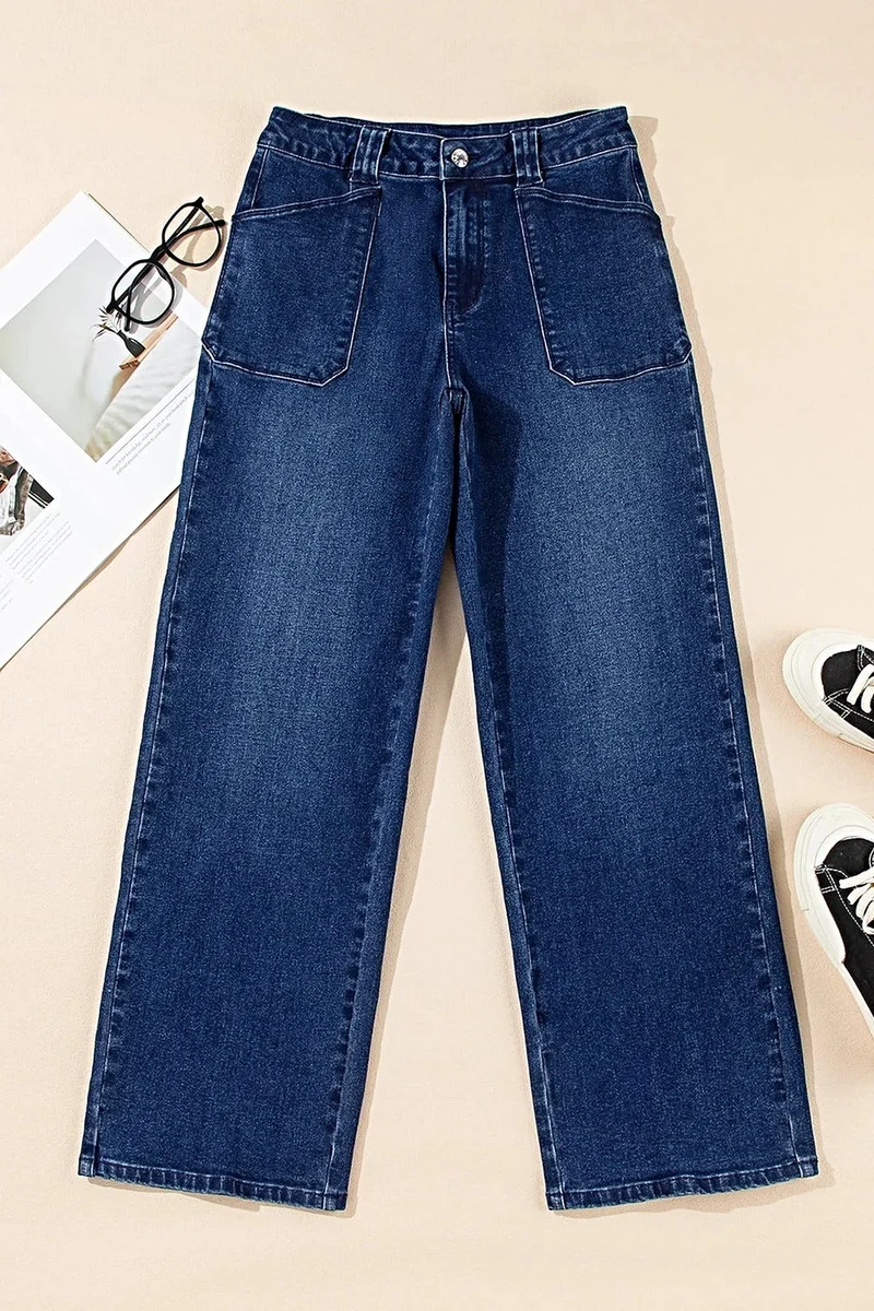 Trendsi damesjeans met rechte pijpen - middelhoge taille, zakken, 72% katoen, geen stretch