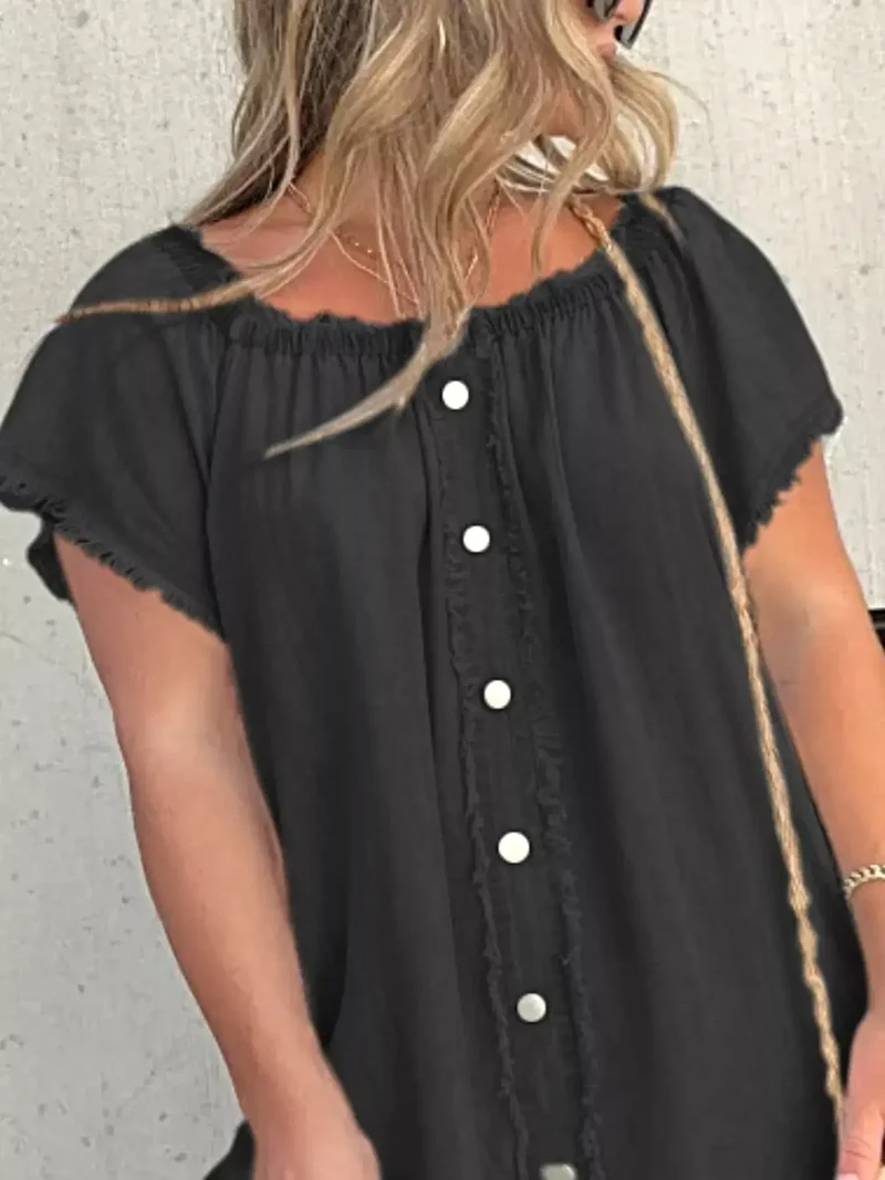 Plus size off-shoulder denim jurk met knoopsluiting en gerafelde zoom