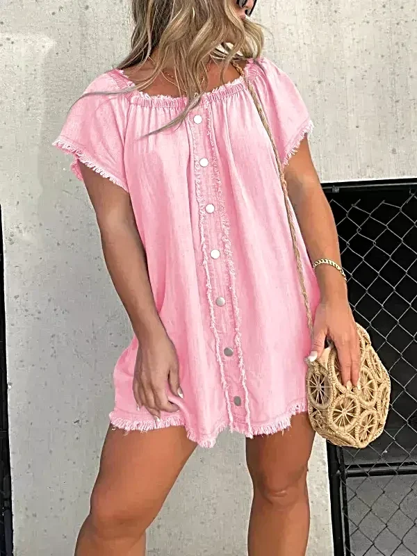 Plus size off-shoulder denim jurk met knoopsluiting en gerafelde zoom