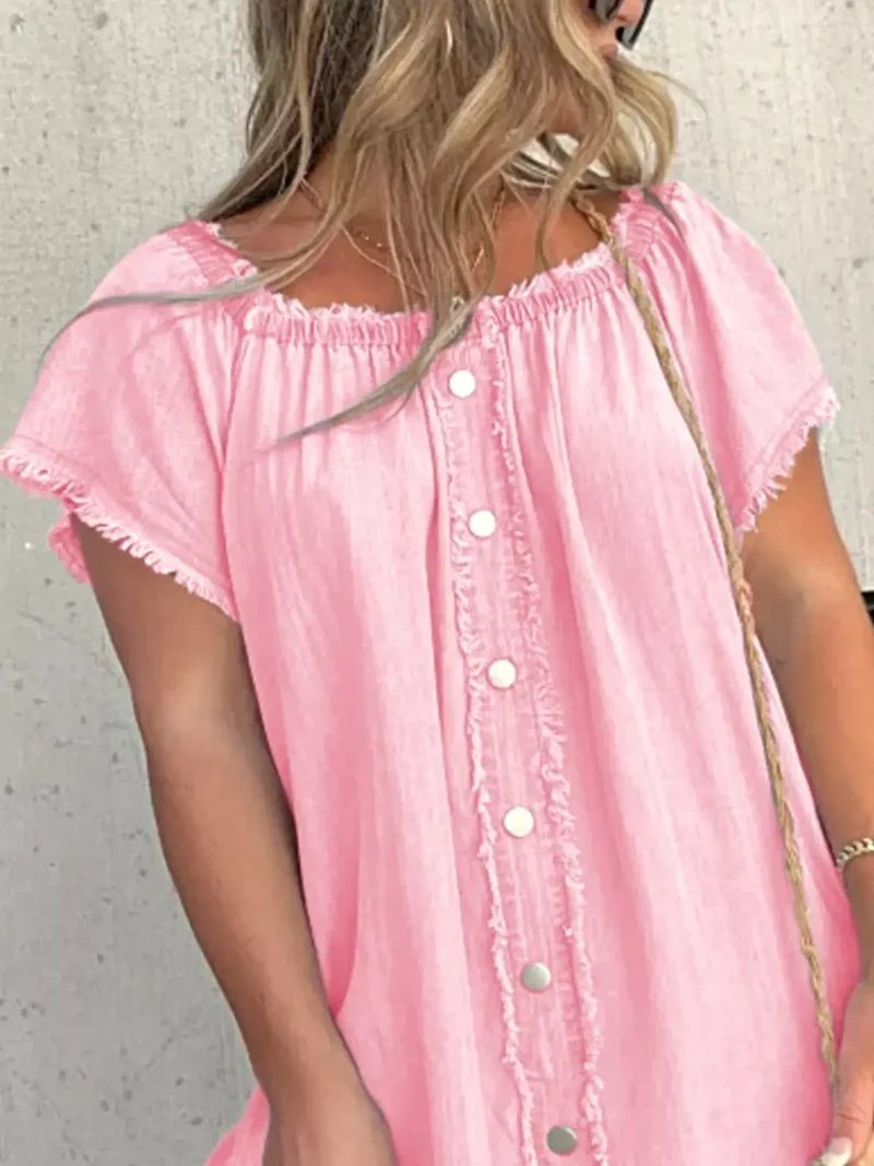 Plus size off-shoulder denim jurk met knoopsluiting en gerafelde zoom