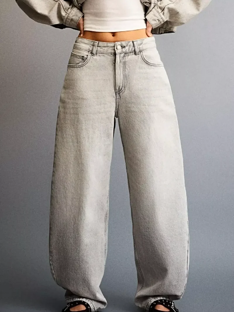 Luxe jeans met wijde pijpen, een verwassen look en zakken - Relaxte pasvorm