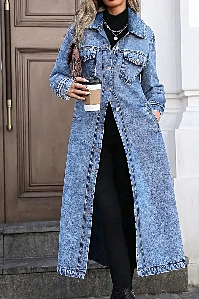 Lange denimjas met knoopsluiting aan de voorkant, zakken, 85% katoenmix, klassieke stijl