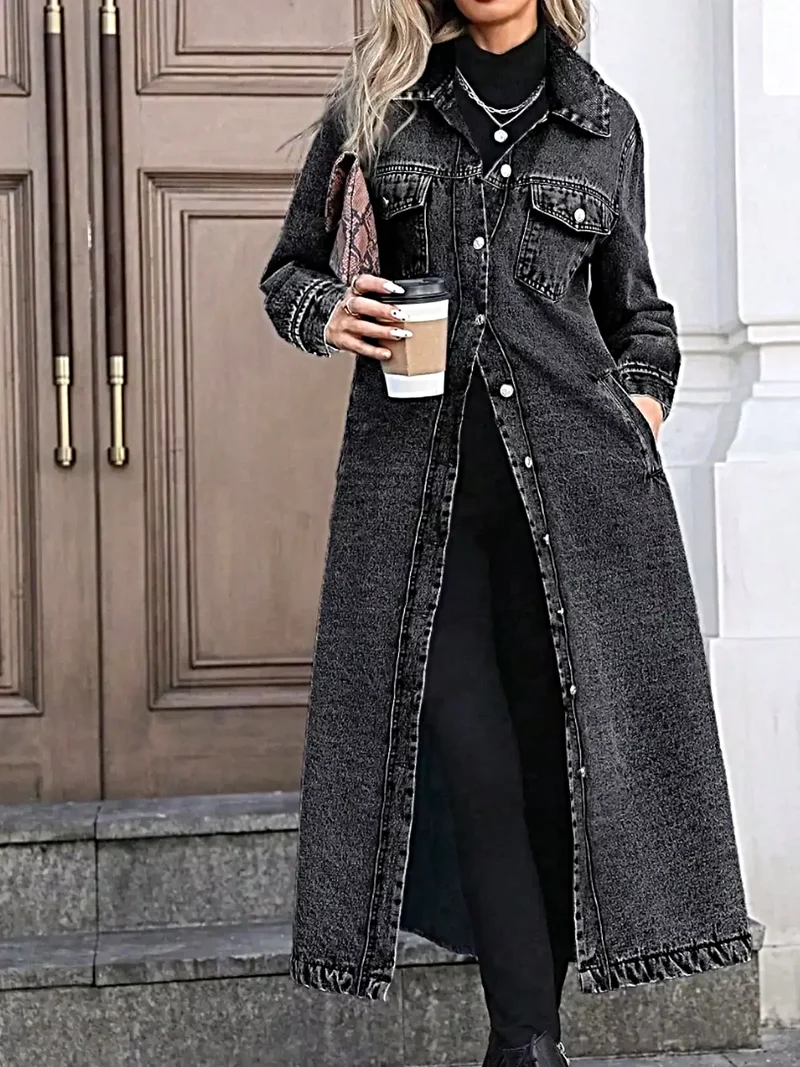 Lange denimjas met knoopsluiting aan de voorkant, zakken, 85% katoenmix, klassieke stijl
