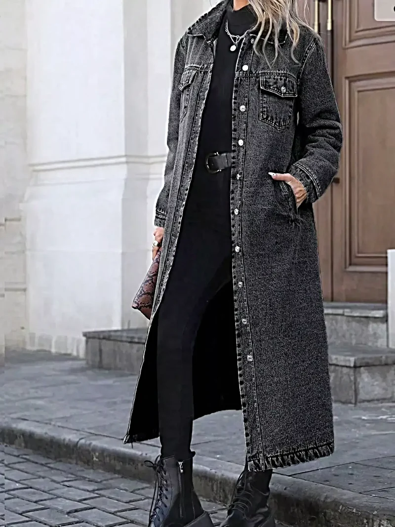 Lange denimjas met knoopsluiting aan de voorkant, zakken, 85% katoenmix, klassieke stijl
