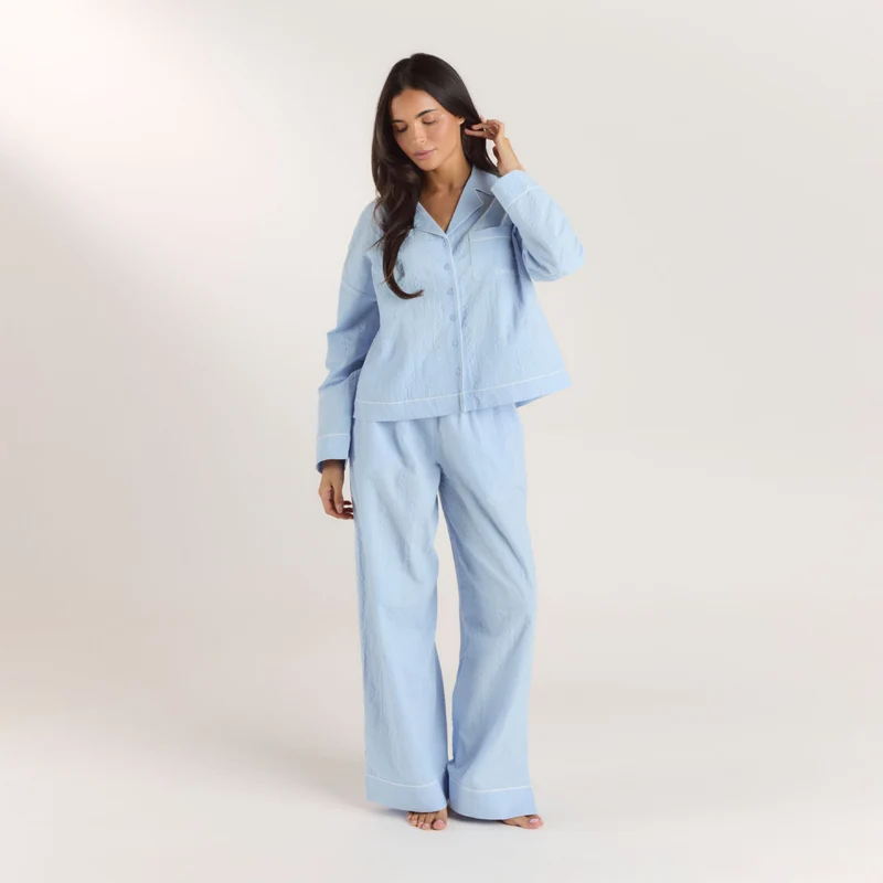 Textured Cotton Pyjama Broek - Blauw