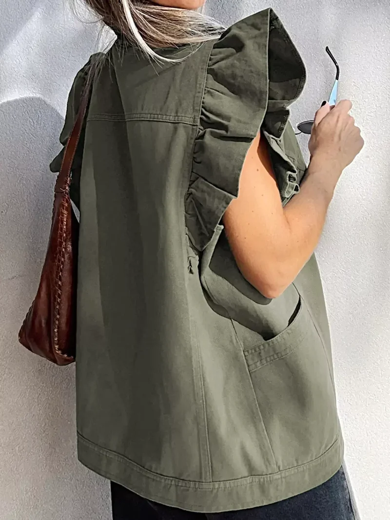 Stijlvol denim jasje/vest met ruches en patchworkdesign - 100% katoen, met ruches.