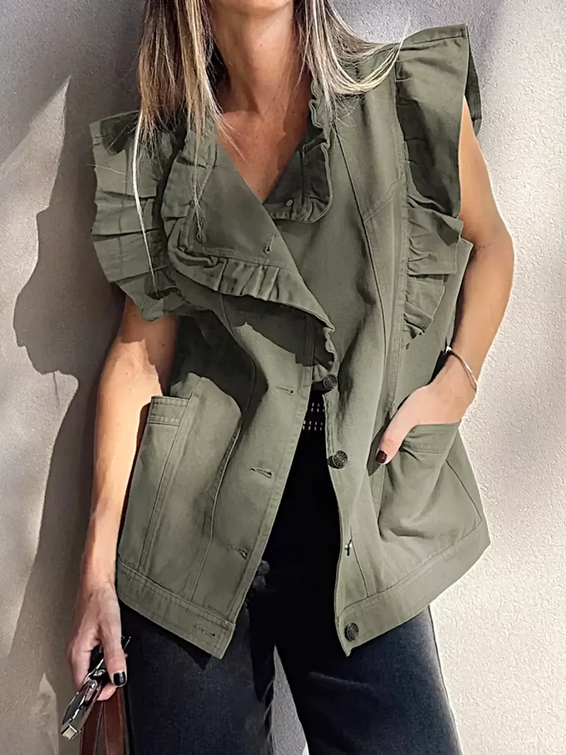 Stijlvol denim jasje/vest met ruches en patchworkdesign - 100% katoen, met ruches.