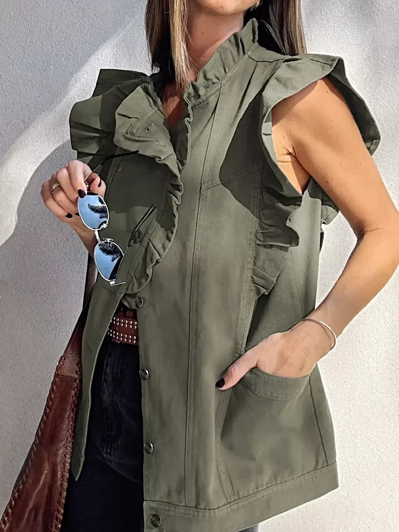 Stijlvol denim jasje/vest met ruches en patchworkdesign - 100% katoen, met ruches.