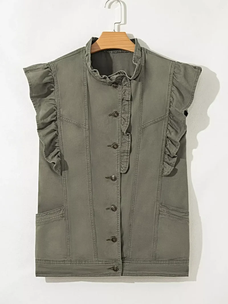 Stijlvol denim jasje/vest met ruches en patchworkdesign - 100% katoen, met ruches.
