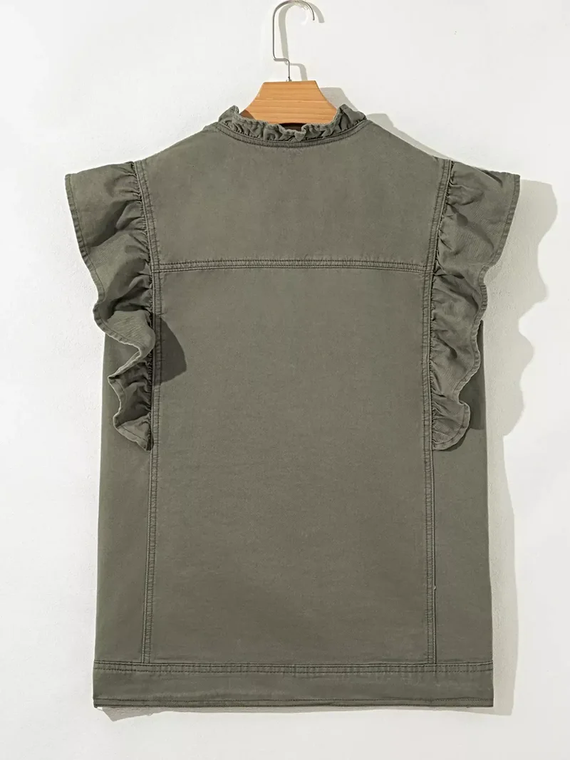 Stijlvol denim jasje/vest met ruches en patchworkdesign - 100% katoen, met ruches.