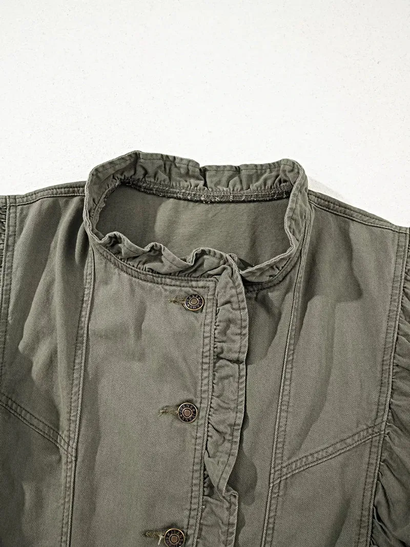 Stijlvol denim jasje/vest met ruches en patchworkdesign - 100% katoen, met ruches.