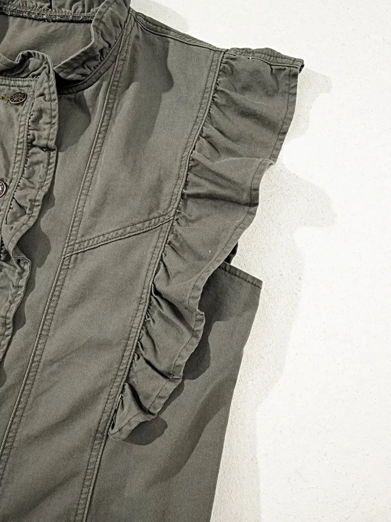 Stijlvol denim jasje/vest met ruches en patchworkdesign - 100% katoen, met ruches.