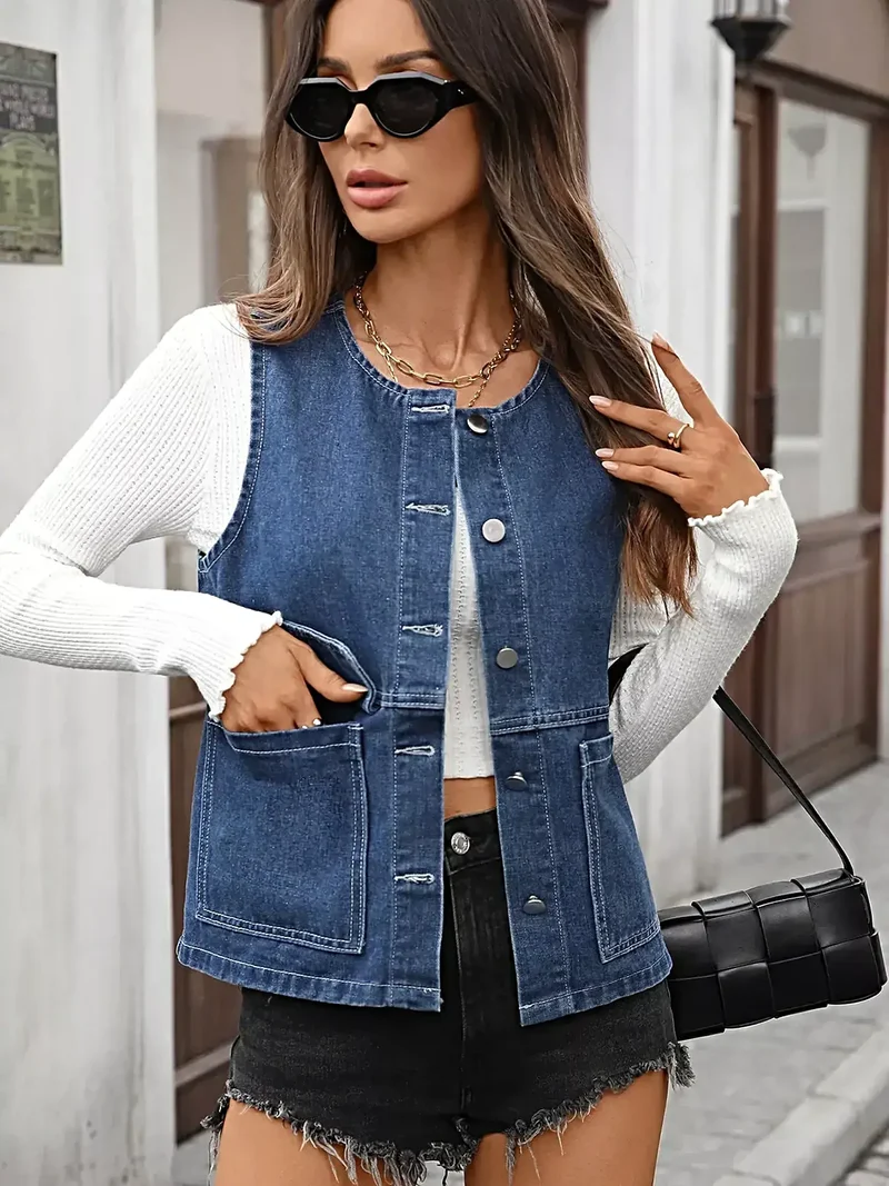 Stijlvol denim vest met knoopsluiting en zakken - Licht elastisch, hoogwaardige rayonmix